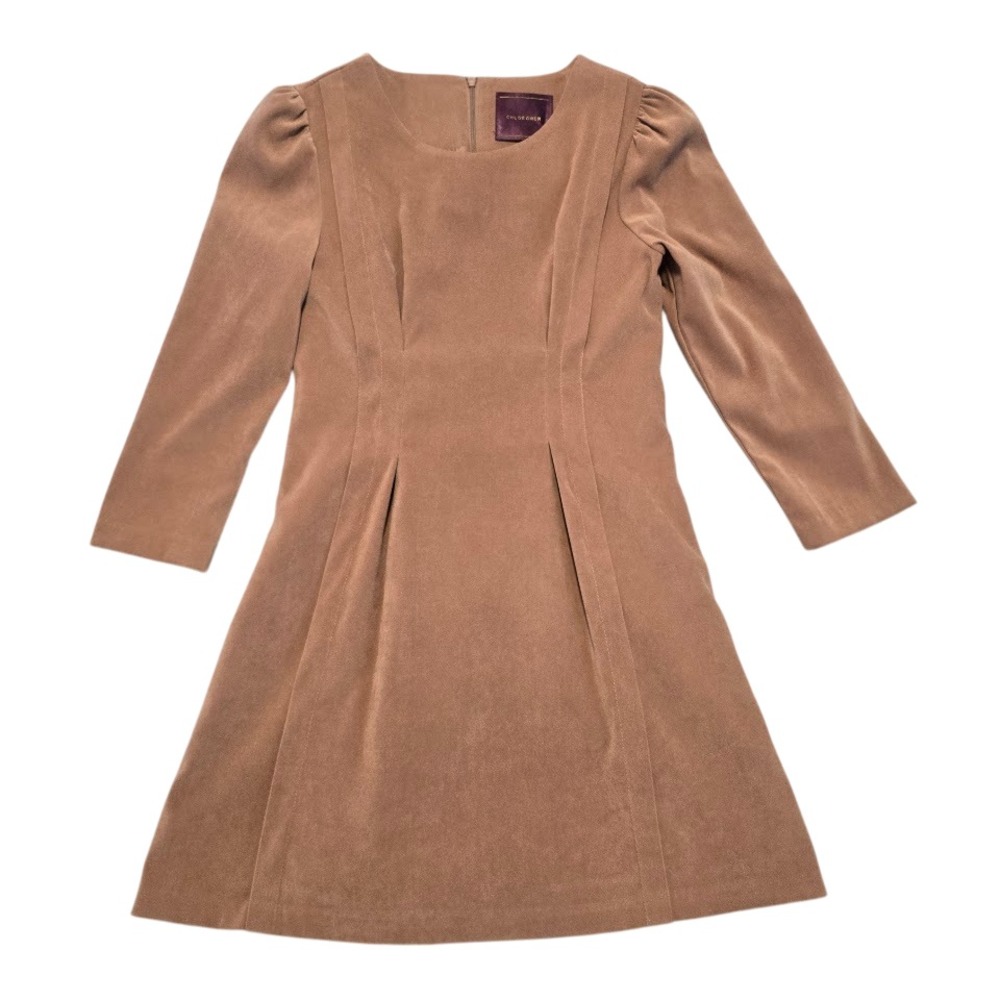 Chloe Chen Mini Dress Womens‎ XS Brown Suede Feel Puff Sleeve Mod Dark Academia
